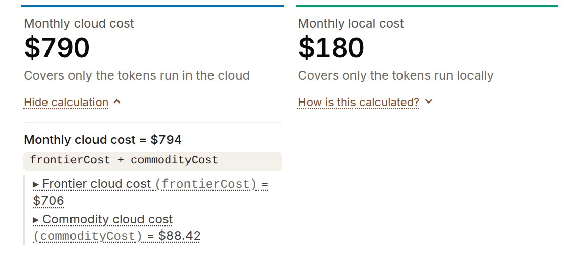 A cost figure in the calculator with its calculation expanded, showing the formula and the values feeding it