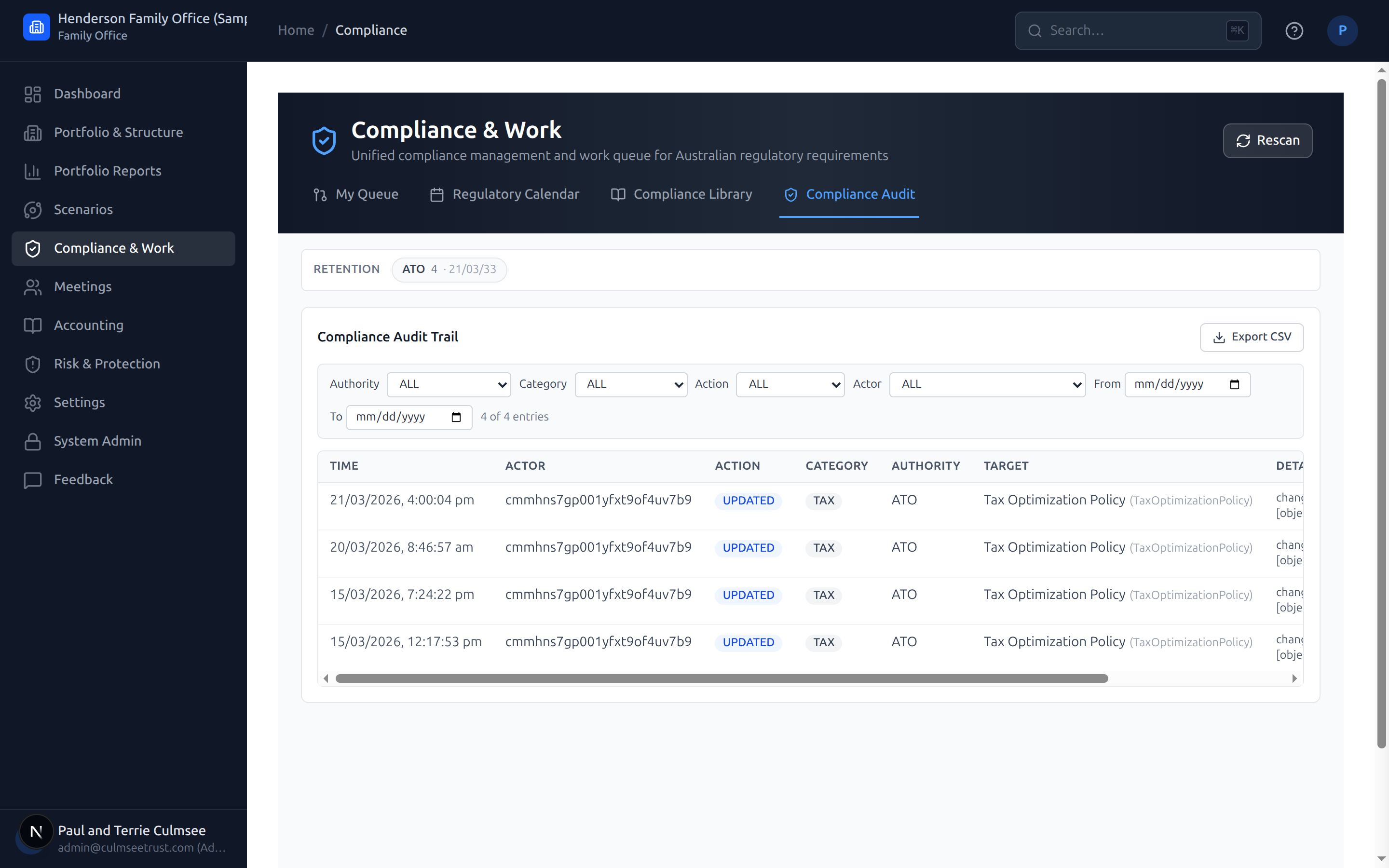 Compliance and audit interface tracking obligations, policy adherence, and audit history.