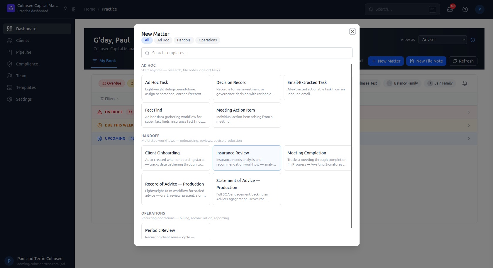 Advisory platform showing practice dashboard with matter templates for ad hoc tasks, handoff workflows, and operations